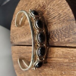 Saudered with 14k gold sterling silver onyx mourning bracelet cuff  B2736‎